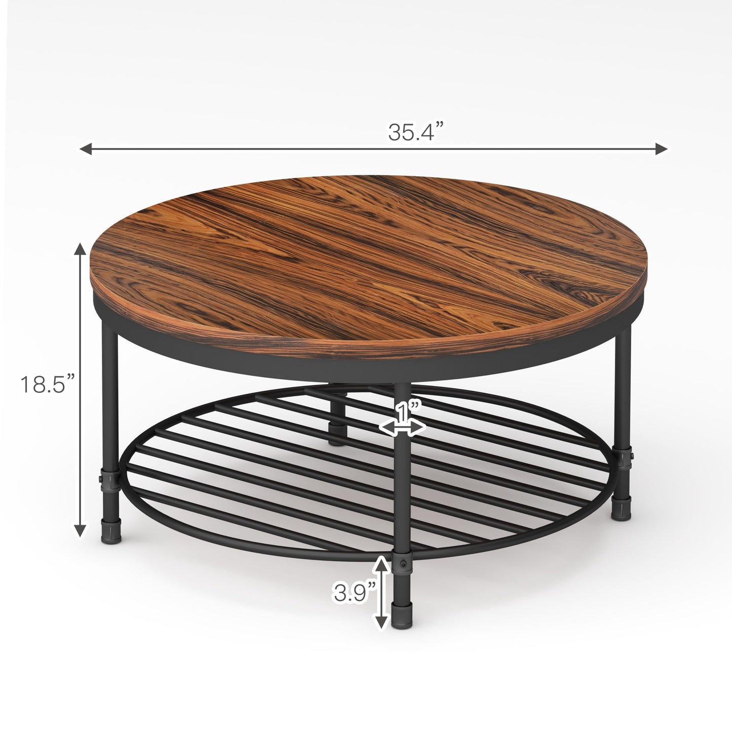 NSdirect 36" Round Coffee Table with Storage Shelf – Dark Red Brown Vintage Wood Top & Sturdy Metal Legs, 18.5" Height Modern Center Table for Living Room or Small Spaces