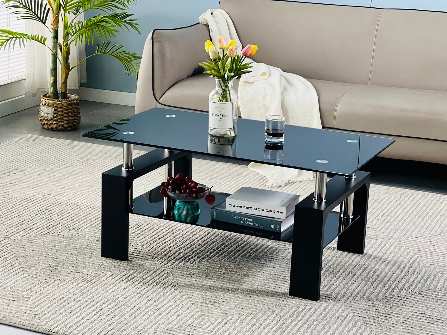 Btrpily Modern Rectangle Coffee Table for Living Room, 39.5D x 23.5W x 17.5H in, Black Glass Tea Table with Wooden Legs & Lower Storage Shelf, Stylish Center Table for Home or Waiting Room