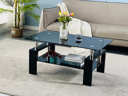 Btrpily Modern Rectangle Coffee Table for Living Room, 39.5D x 23.5W x 17.5H in, Black Glass Tea Table with Wooden Legs & Lower Storage Shelf, Stylish Center Table for Home or Waiting Room