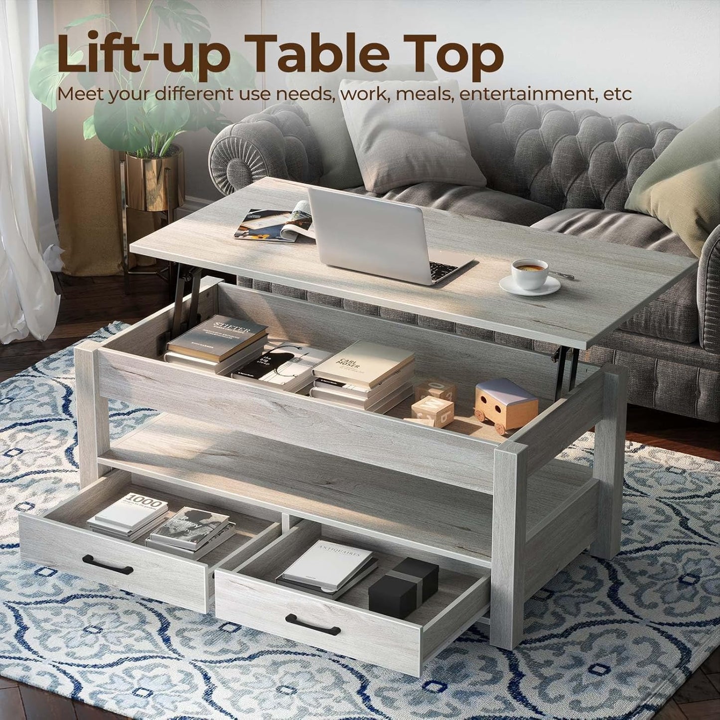 Rolanstar Lift Top Coffee Table with Drawers & Hidden Compartment – Modern Wooden Central Table with Adjustable Lift Tabletop for Living Room, Grey