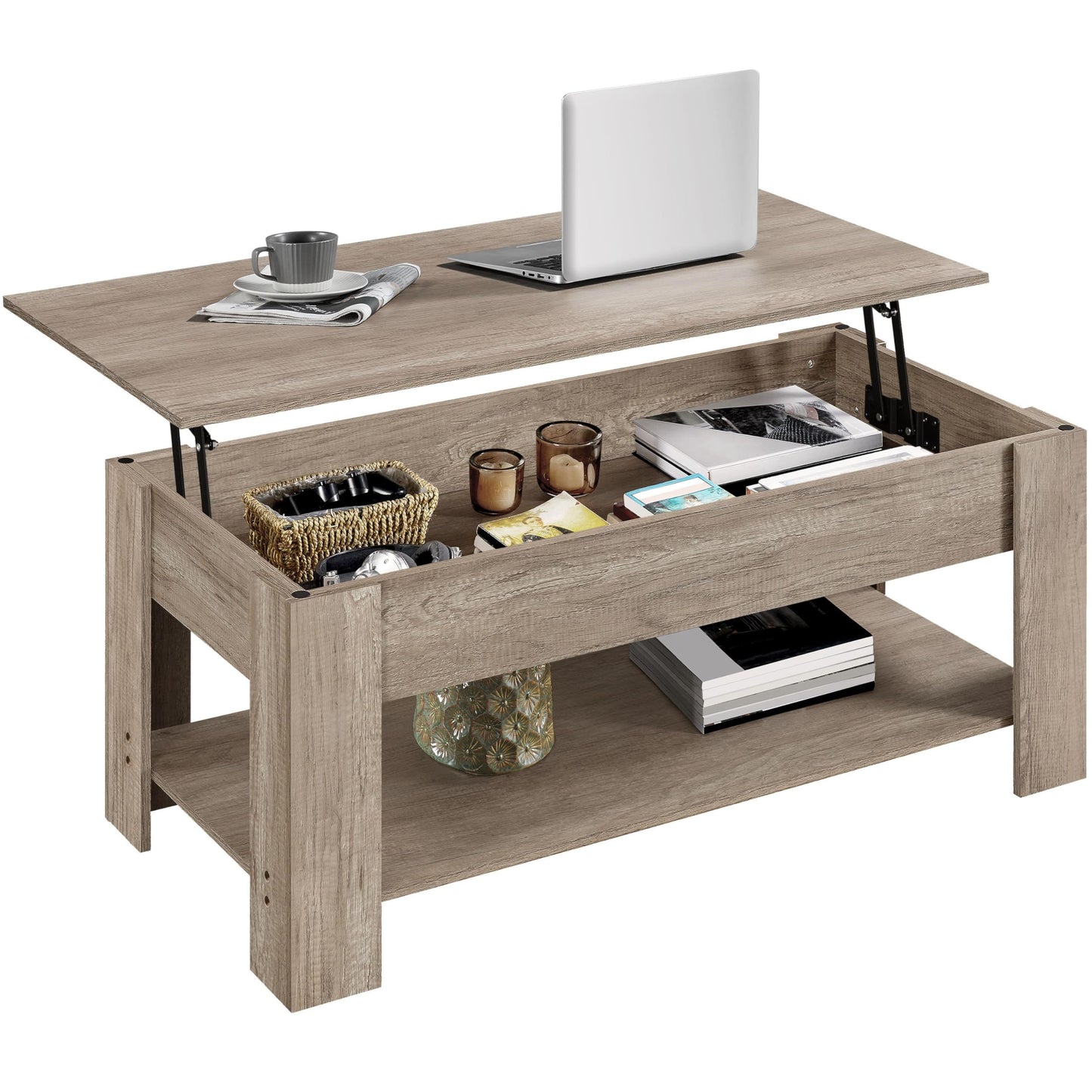 Yaheetech 38.6" Lift Top Coffee Table with Hidden Compartment & Storage Shelf – Rising Tabletop Convertible Dining Table for Living Room or Reception, Grey