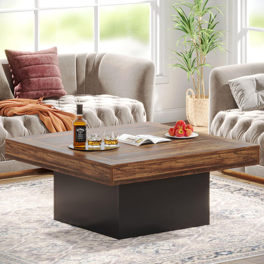 Tribesigns Square LED Coffee Table – Rustic Brown & Black Engineered Wood Low Center Cocktail Table for Living Room