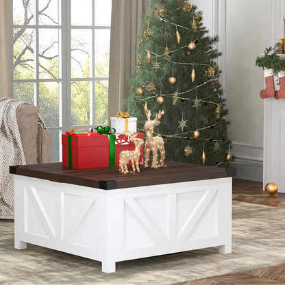 Farmhouse Lift Top Coffee Table with Storage and Charging Station – White Wood Square Center Table with USB Ports, Hidden Compartment, and Large Storage Space for Living Room, Bedroom, or Home Office