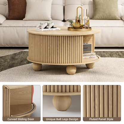 Round Coffee Table with Storage, 31.5" Fluted Lift-Top Drum Center Table with Sliding Door and Bun Feet, Mid-Century Modern Coffee Table for Living Room or Small Spaces, Oak