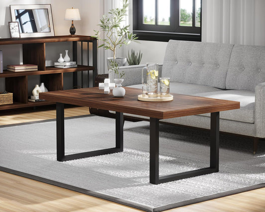 IBF 47" Rustic Coffee Table – Vintage Farmhouse Wood and Metal Rectangle Center Table, Minimalist Industrial Living Room Coffee Table for Home, Bedroom, or Office, Walnut