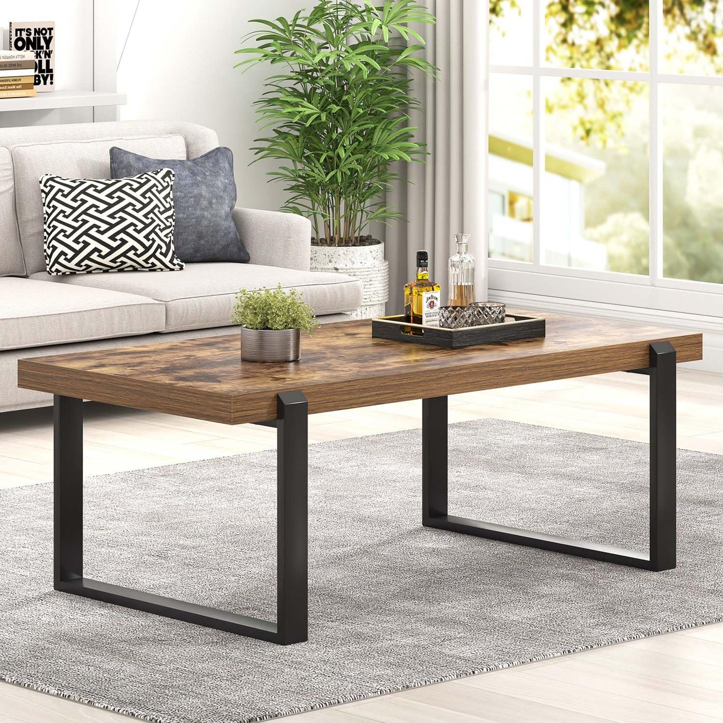 FOLUBAN 47" Modern Coffee Table – Rustic Brown Wood and Metal Industrial Rectangle Center Table for Living Room