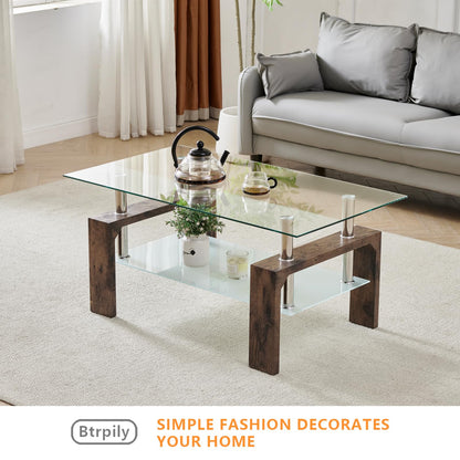 Modern Rectangle Coffee Table for Living Room, Brown Glass Tea Table with Wooden Legs & Lower Storage Shelf, Stylish Center Table for Home, Office, or Waiting Room