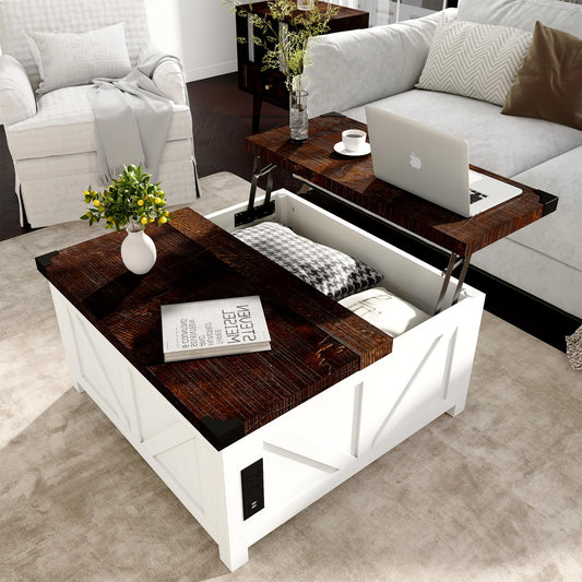 Farmhouse Lift Top Coffee Table with Storage and Charging Station – White Wood Square Center Table with USB Ports, Hidden Compartment, and Large Storage Space for Living Room, Bedroom, or Home Office