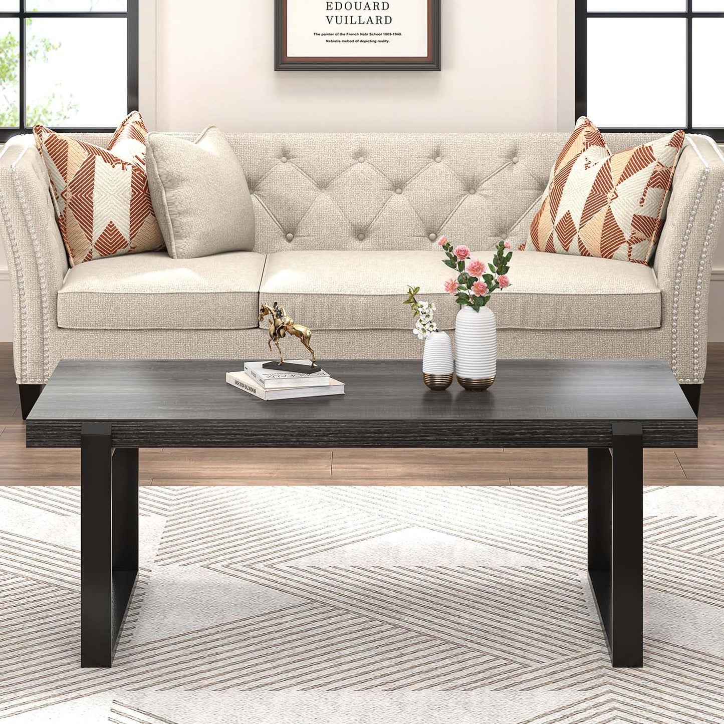 FOLUBAN 47" Industrial Coffee Table – Rustic Dark Gray Wood and Metal Rectangle Center Table for Living Room