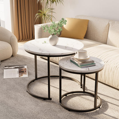 Round Nesting Coffee Table Set of 2, White Faux Marble Wooden Tables with Black Steel Frame for Living Room or Bedroom