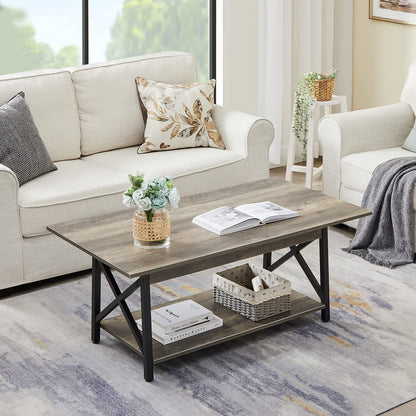 GreenForest 43" Large Modern Coffee Table – Grey Wash X-Frame Farmhouse Table with Storage, Space-Saving Center Table for Living Room, Easy Assembly