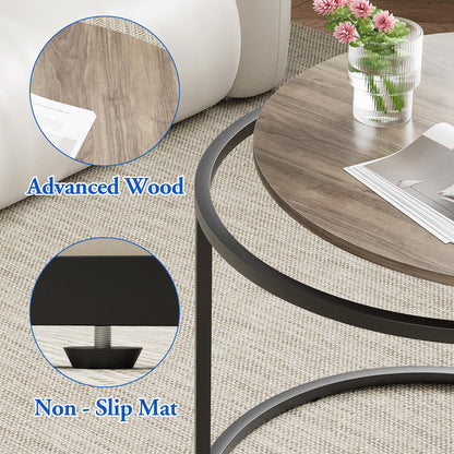 Nesting Coffee Table Set of 2, Round End Tables with Sturdy Metal Frame for Living Room or Bedroom, Oak
