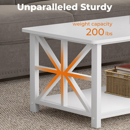 GreenForest 39" Coffee Table for Living Room with Round Corners, Farmhouse Style Center Table with 2-Tier Storage Shelf, Space-Saving & Easy Assembly, Full White