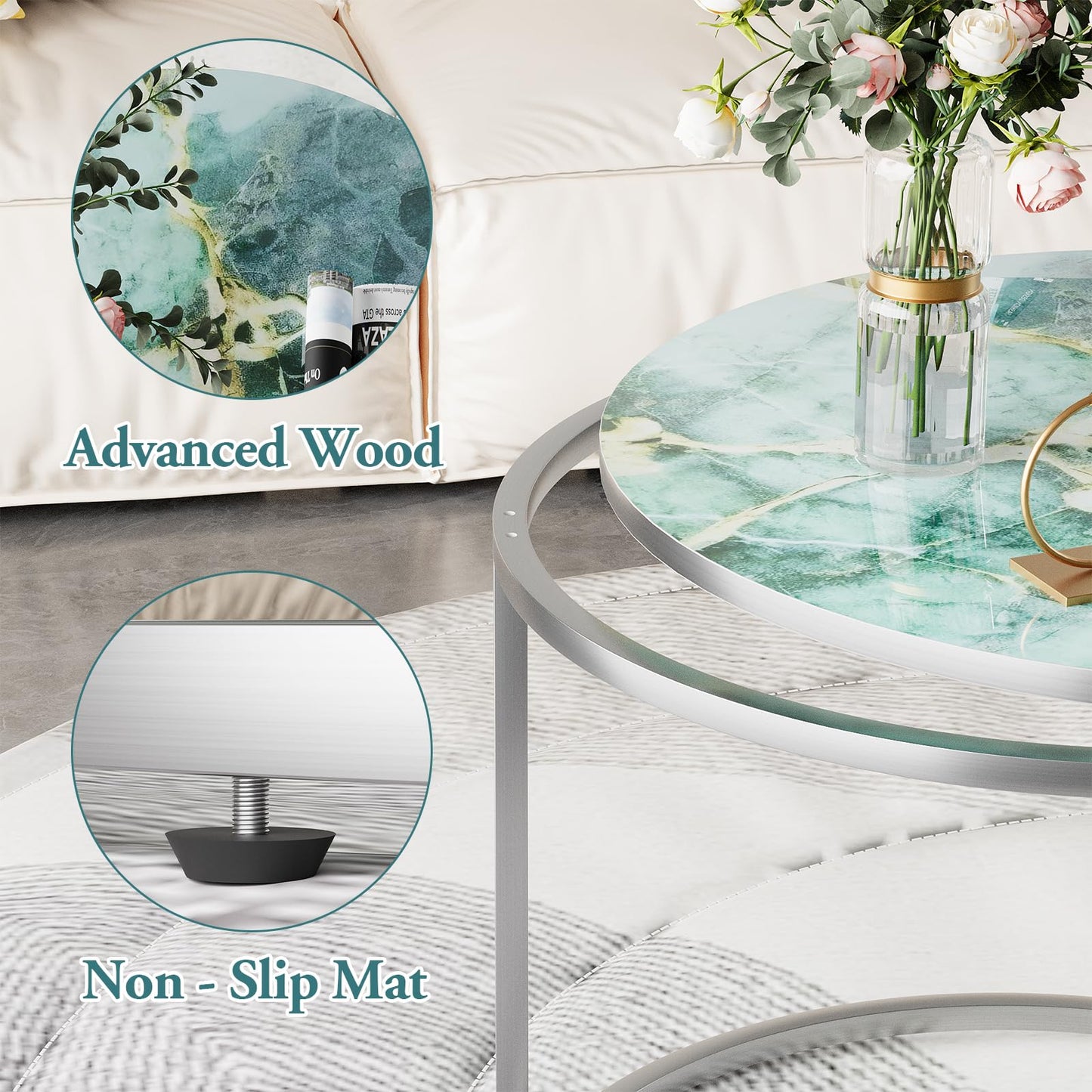 Nesting Coffee Table Set of 2, Round Green Art Top Tables with Sturdy Metal Frame for Living Room or Bedroom, Modern Industrial Style