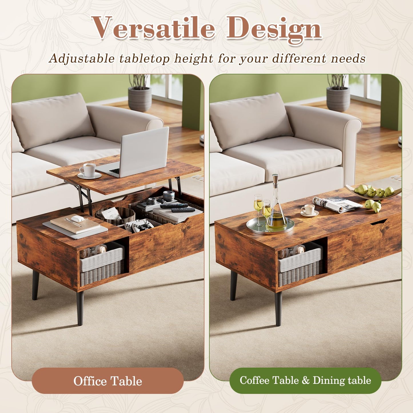 OLIXIS Rustic Wooden Lift Top Coffee Table – Hidden Compartment & Ample Storage Shelf, Convertible Dining Table for Living Room or Small Spaces