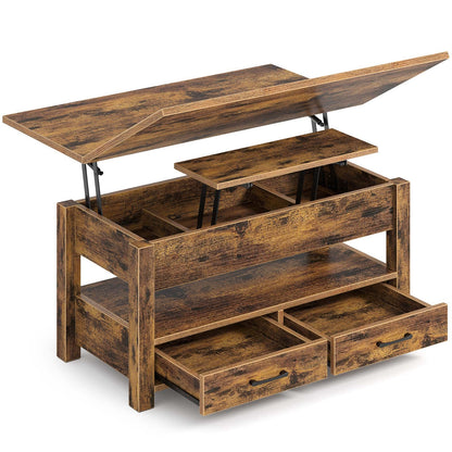 Rolanstar Lift Top Coffee Table – Multi-Function Convertible Table with Drawers & Hidden Compartment, Converts to Dining Table for Living Room or Home Office, Rustic Brown