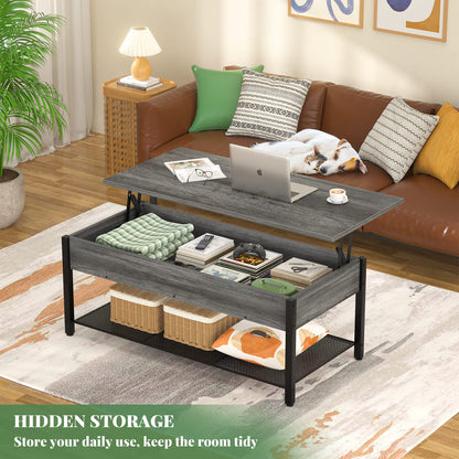 Lift Top Coffee Table with Storage Shelf and Hidden Compartment, Modern Wood and Metal Table for Living Room, Black Oak