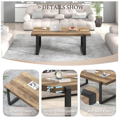 FOLUBAN 47" Rustic Coffee Table – Modern Industrial Wood and Metal Center Table for Living Room, Oak