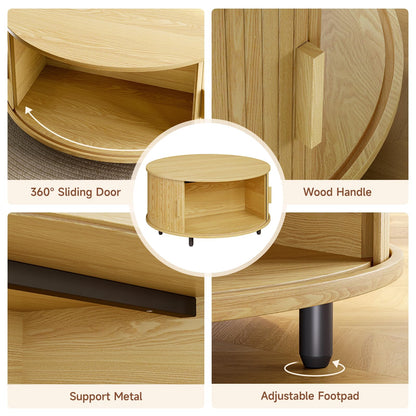 Round Coffee Table with Storage, 31.5" Modern Fluted Wood Table with 360° Sliding Door and Adjustable Footpads, Oak