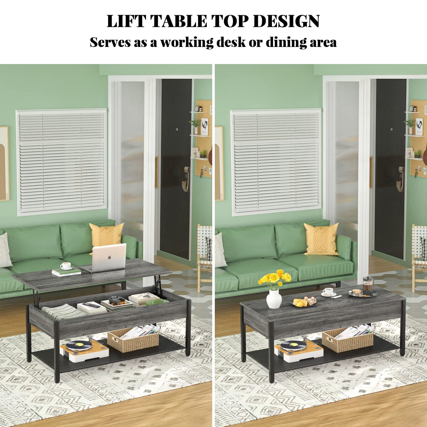 Lift Top Coffee Table with Storage Shelf and Hidden Compartment, Modern Wood and Metal Table for Living Room, Black Oak