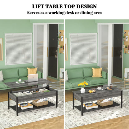 Lift Top Coffee Table with Storage Shelf and Hidden Compartment, Modern Wood and Metal Table for Living Room, Black Oak