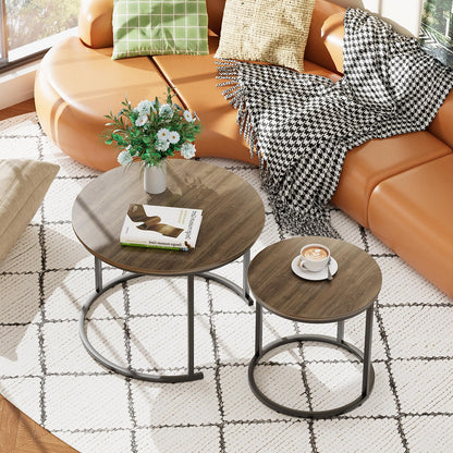 Nesting Coffee Table Set of 2, Round End Tables with Sturdy Metal Frame for Living Room or Bedroom, Oak
