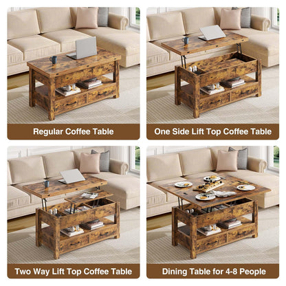 Rolanstar Lift Top Coffee Table – Multi-Function Convertible Table with Drawers & Hidden Compartment, Converts to Dining Table for Living Room or Home Office, Rustic Brown