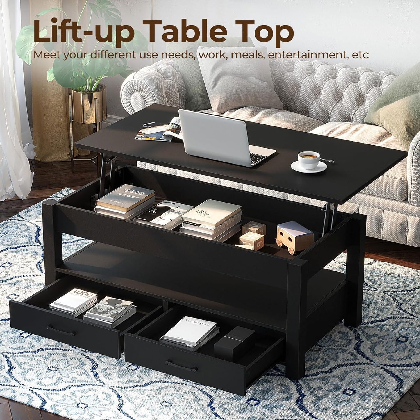 Rolanstar Lift Top Coffee Table with Drawers & Hidden Compartment – Retro Wooden Central Table with Adjustable Lift Tabletop for Living Room, Black