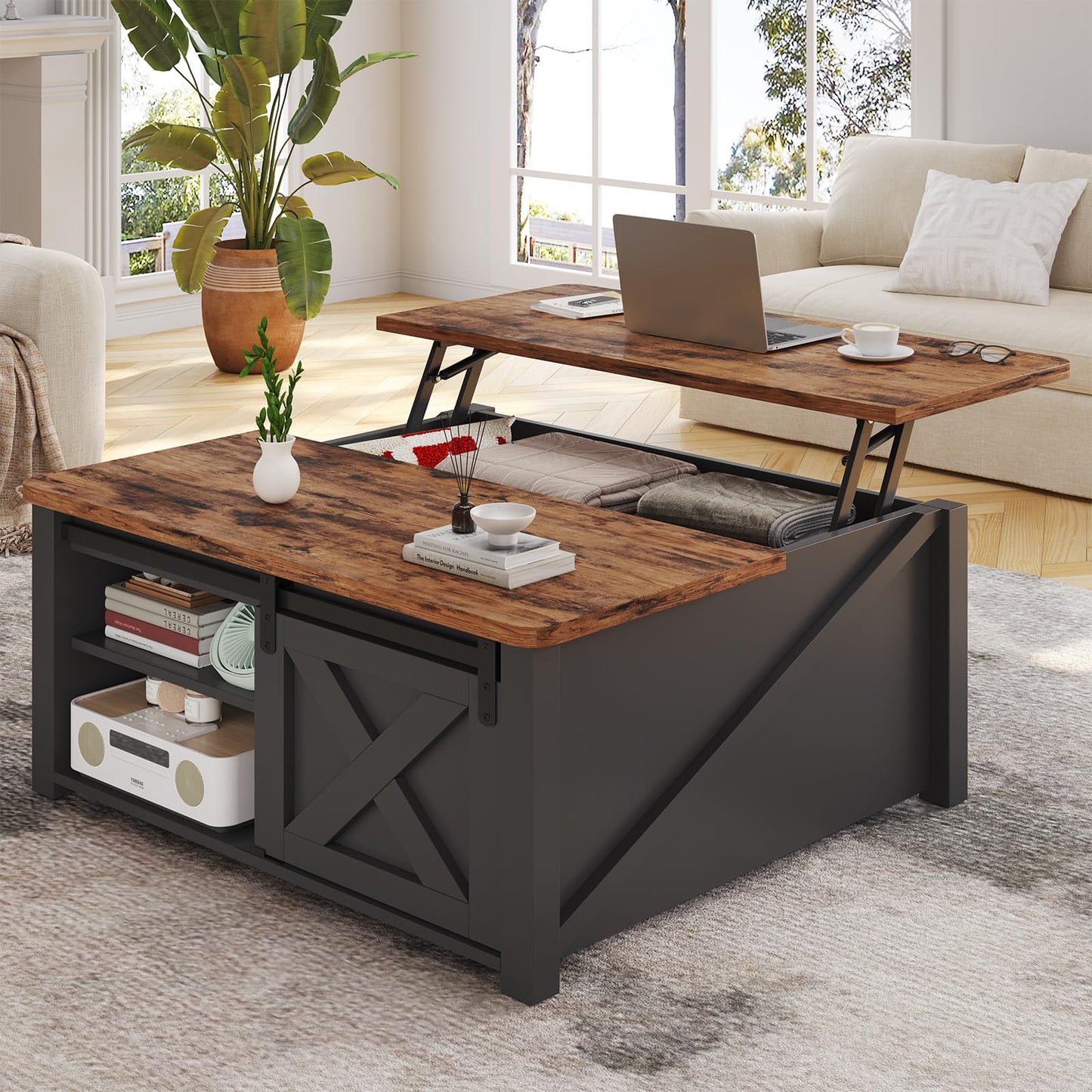 SEDETA 31.5" Lift Top Square Coffee Table with Storage – Farmhouse Living Room Table with Large Hidden Compartment, Adjustable Shelves & Modern Black Finish