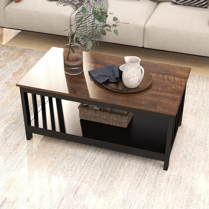 Black Farmhouse Coffee Table with Shelf, 40 Inch Living Room Table