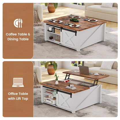 SEDETA 31.5" Lift Top Square Coffee Table with Storage – Farmhouse Living Room Table featuring Large Hidden Compartment, Adjustable Shelves & Modern White Finish