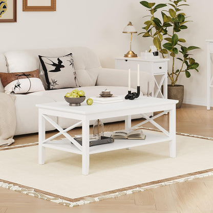 White Rectangular Coffee Table with X Design and Storage Shelf, 39 Inch Modern Living Room Table