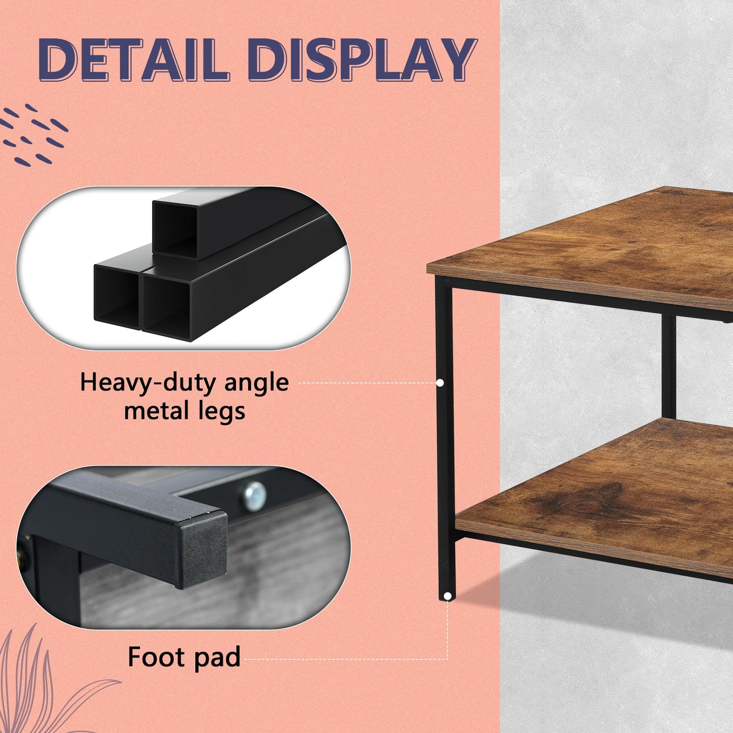 2-Tier Coffee Table with Storage Shelf, Brown Wood and Metal Frame Rectangle Table for Living Room, 39.3"x20"x16"