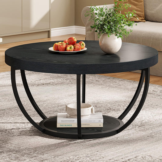Tribesigns Black Round Coffee Table, 31.7" Modern 2-Tier Circle Coffee Table with Storage Shelves, Accent Cocktail Table Center Table for Living Room