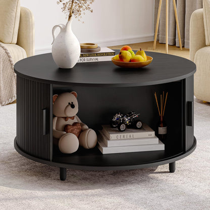Round Coffee Table with Storage, 31.5" Modern Fluted Wood Table with 360° Sliding Door and Adjustable Footpads, Black