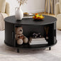 Round Coffee Table with Storage, 31.5" Modern Fluted Wood Table with 360° Sliding Door and Adjustable Footpads, Black