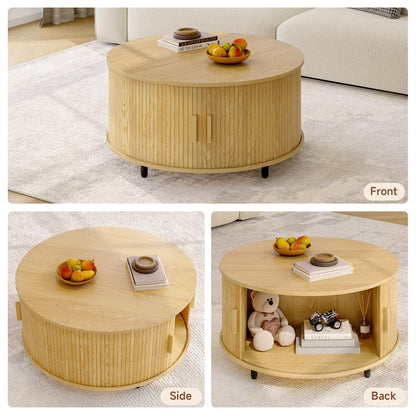 Round Coffee Table with Storage, 31.5" Modern Fluted Wood Table with 360° Sliding Door and Adjustable Footpads, Oak