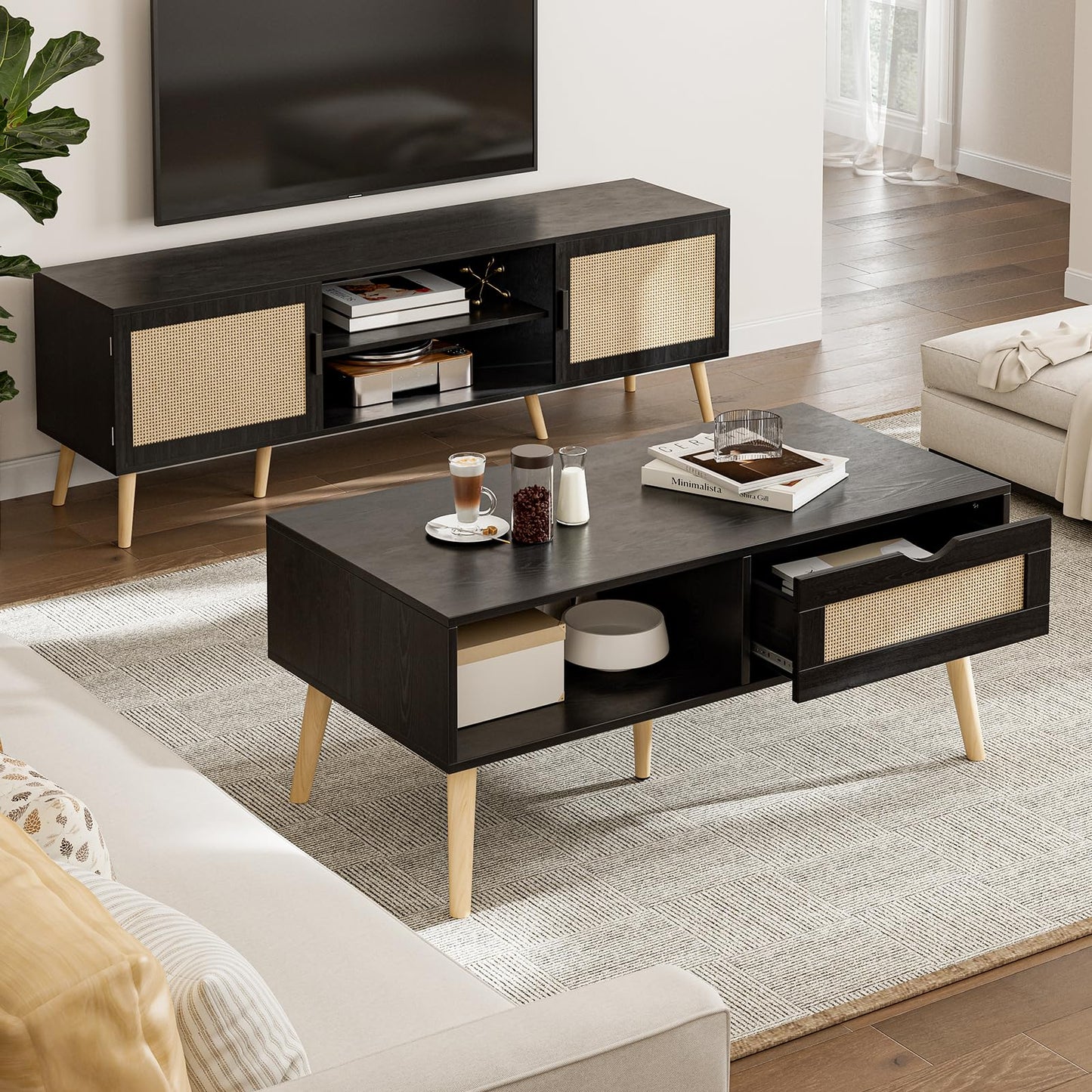 Boho Coffee Table with Sliding Rattan Door and Solid Wood Legs, Small Living Room Table with Storage, Black