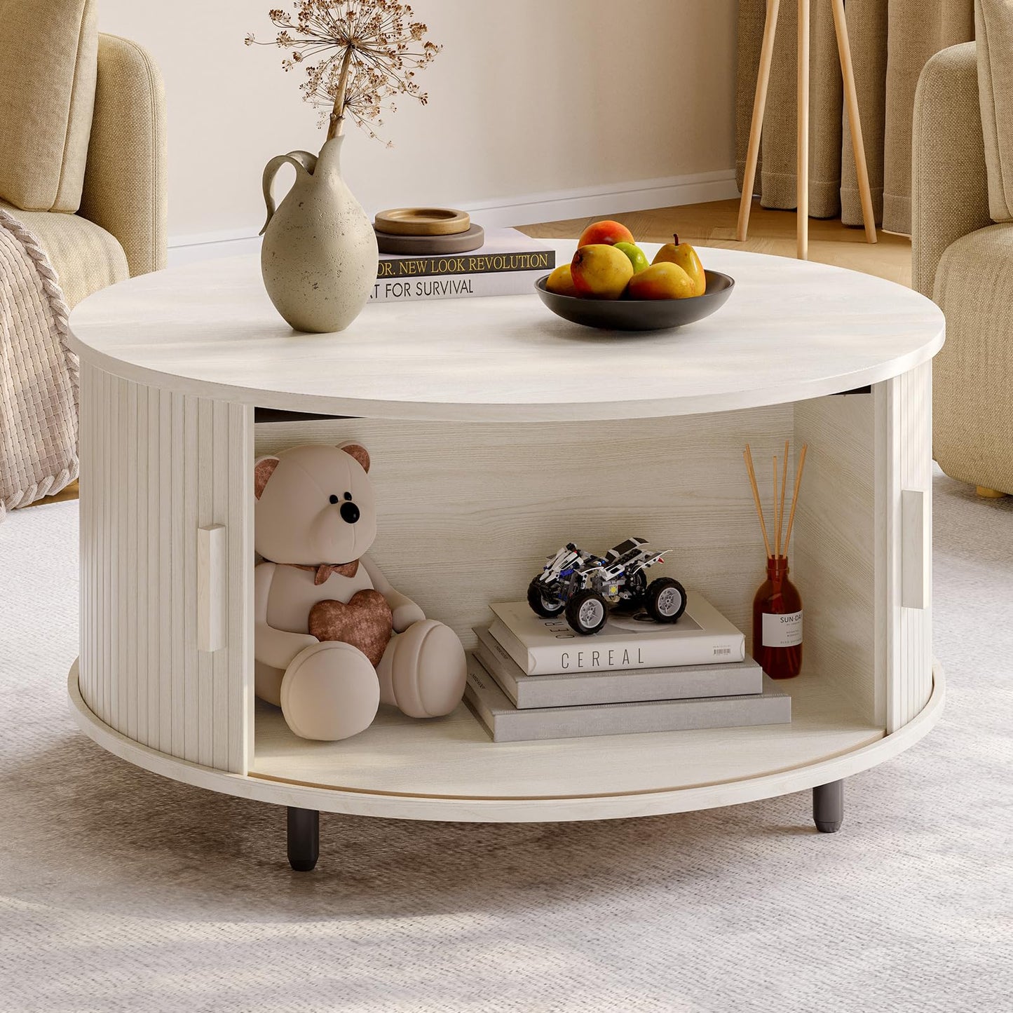 Round Coffee Table with Storage, 31.5" Modern Fluted Wood Table with 360° Sliding Door and Adjustable Footpads, Natural White