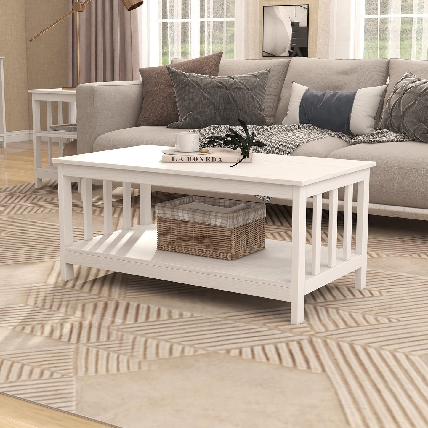 White Farmhouse Coffee Table with Shelf, 40 Inch Living Room Table