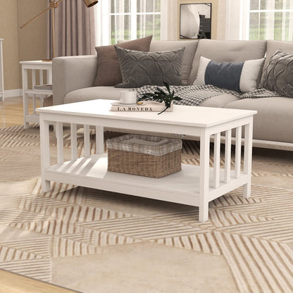 White Farmhouse Coffee Table with Shelf, 40 Inch Living Room Table