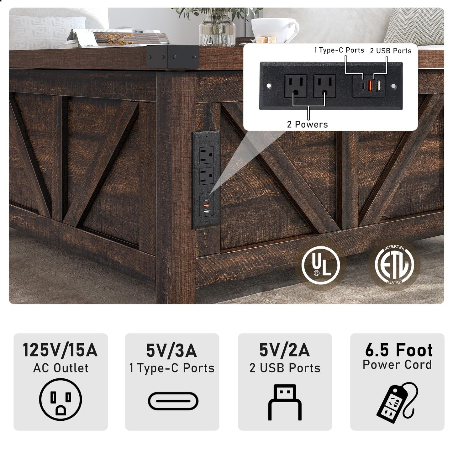 Farmhouse Lift Top Coffee Table with Storage and Charging Station – Brown Wood Square Center Table with USB Ports, Hidden Compartment, and Spacious Storage for Living Room, Bedroom, or Home Office