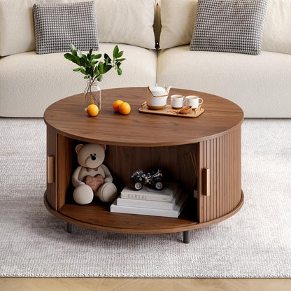 Round Coffee Table with Storage, 31.5" Modern Fluted Wood Table with 360° Sliding Door and Adjustable Footpads, Walnut