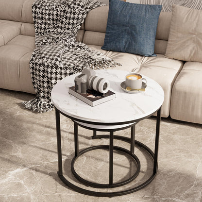 Round Nesting Coffee Table Set of 2, White Faux Marble Wooden Tables with Black Steel Frame for Living Room or Bedroom