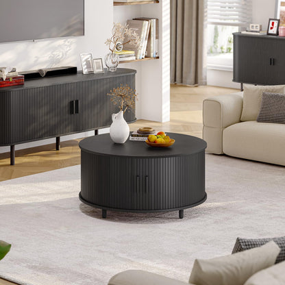 Round Coffee Table with Storage, 31.5" Modern Fluted Wood Table with 360° Sliding Door and Adjustable Footpads, Black