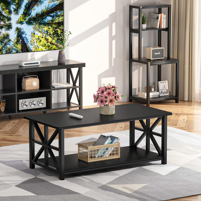 GreenForest 39" Coffee Table with Round Corners, Farmhouse Center Table with 2-Tier Storage Shelf & X-Frame Design for Living Room, Black