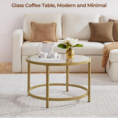 27.6" Round Glass Coffee Table with Gold Metal Frame for Living Room, Office, or Apartment