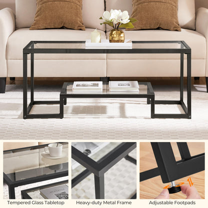 Yaheetech Coffee Table, Tempered Glass Coffee Table, Modern Simple Center Tables w/Geometric-Inspired Design & Metal-Frame & Easy Assembly & Open Storage Shelf for Living Room, Office, Black