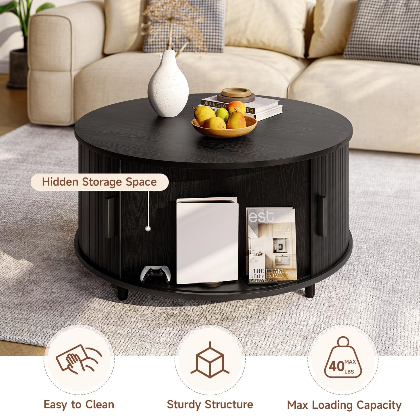 Round Coffee Table with Storage, 31.5" Modern Fluted Wood Table with 360° Sliding Door and Adjustable Footpads, Black