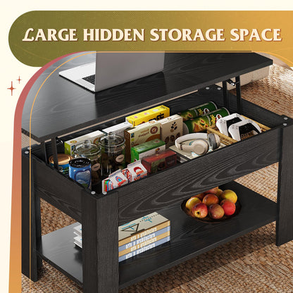 39" Lift Top Coffee Table with Hidden Compartment and Storage Shelf for Living Room or Office, Black Oak
